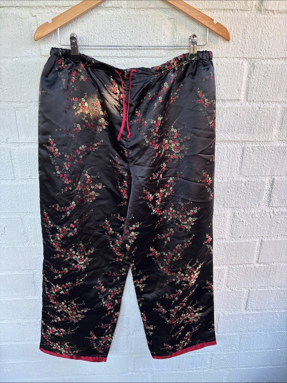 Vintage Satin Asian Style Red Floral Print Drawstring Pants sz L